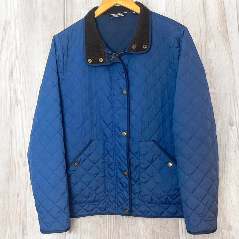 Lands End Quilted Zip Snap Jacket Barn Chore Coat Classic Heritage Puffer Blue M - Picture 2 of 16